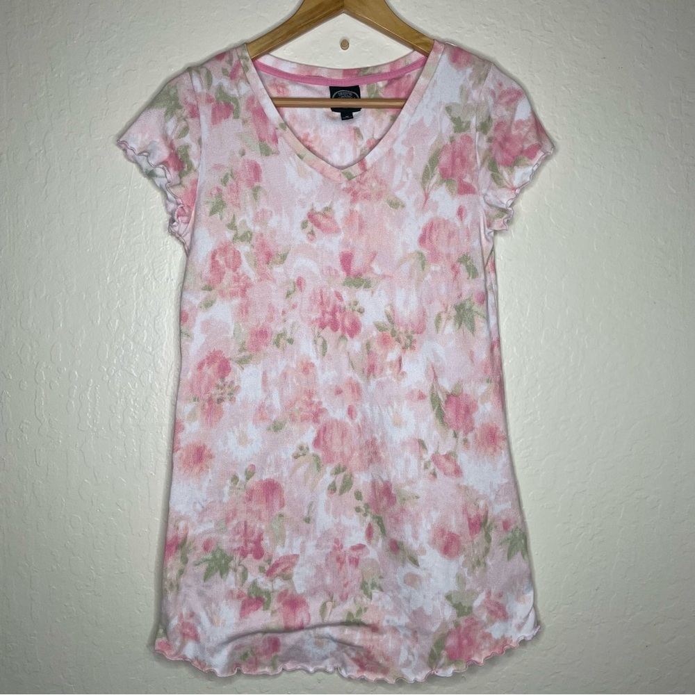 Laura Ashley Nightgown Floral V-Neck Lettuce Edge White Pink Womens M Romantic